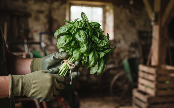 A male farmer holding a fresh bunch of green basil in a rustic barn, organic herb harvesting concept