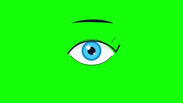 Animated blue cartoon eye blinking against a green screen background