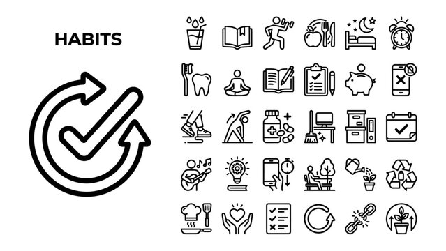 Healthy Habits Icon Set: A collection of clear, concise icons representing various daily routines and self-care practices, illustrating the concept of establishing good habits.