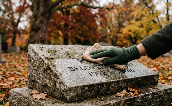 Person cleaning a gravestone in a cemetery during autumn, honoring memory and remembering deceased loved ones
