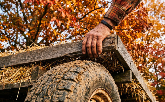 Elderly man holding a wooden hay wagon loaded with straw during autumn harvest in the countryside