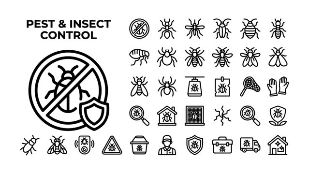 Pest & Insect Control Icons: A comprehensive collection of line icons representing various pests, insects, and control measures, ideal for extermination services and public health information.