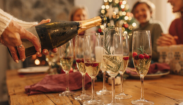 A hand pours sparkling champagne into elegant flutes garnished with rosemary and cranberries, creating a festive holiday atmosphere. A warm, glowing cozy celebration concept with nobody else.