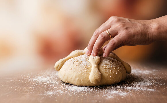 Woman preparing traditional Mexican pan de muerto bread for Day of the Dead celebration