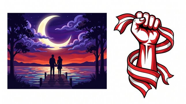 Couple on pier under moonlit sky