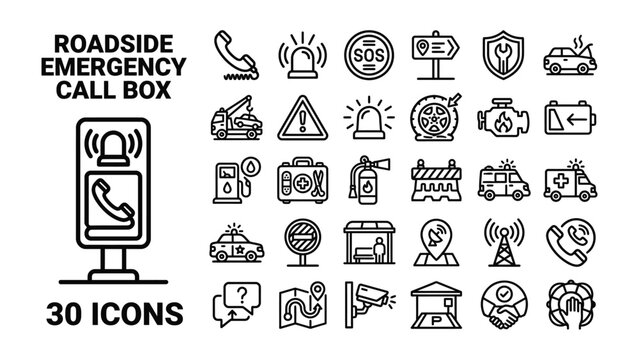 Roadside Emergency Call Box Icons: A comprehensive set of 30 line art icons representing various roadside emergency services, including call boxes, tow trucks, gas stations, first aid.