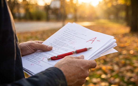 Middle aged male teacher grading exams outdoors with red pen, getting A minus grade concept