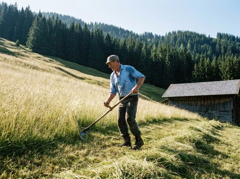 Haymaking with a scythe on an alpine meadow beside a rustic barn