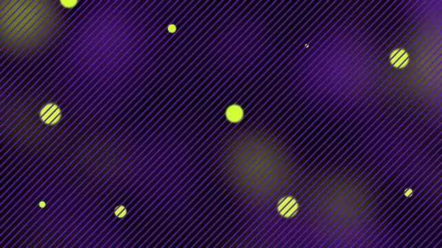 Abstract motion graphic featuring a dark purple background with diagonal line patterns and floating lime green circles.