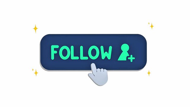 3D follow button animation featuring a cursor click and sparkle effects on a white background.