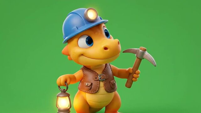 Cute 3d cartoon dinosaur miner holding pickaxe and lantern