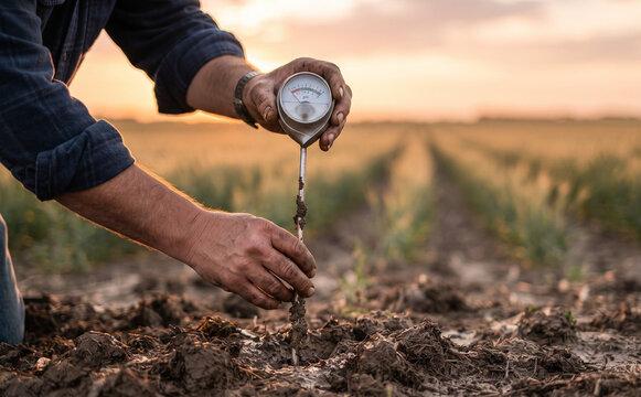 Farmer measuring soil moisture and pH with a digital tester in an agricultural field at sunset