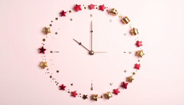 A creative clock face made of gold and red stars on a soft pink background. No people. This conceptual flat lay captures a magical, whimsical sense of time, ideal for festive holiday imagery.