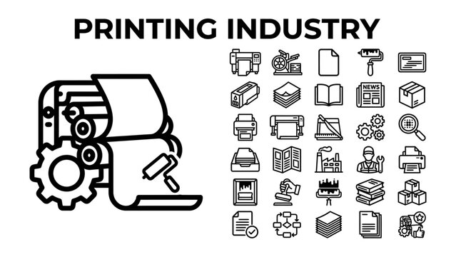 Printing Industry Icons: A comprehensive collection of line art icons representing the diverse processes and equipment within the printing industry, from machines to finished products.