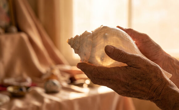 Elderly person holding a sacred conch shell in hands, spiritual ritual and meditation concept