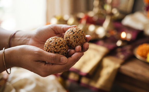 Indian woman holding tilgul sweet lladdu for makar sankranti festival celebration