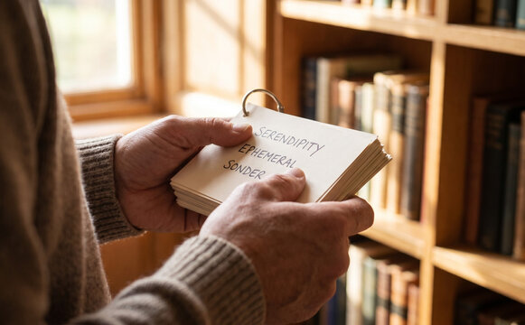 Middle-aged man holding index flashcards with words in a library, representing vocabulary learning and education