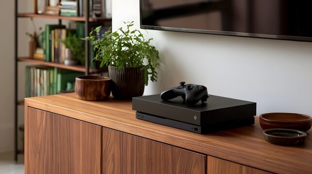 A black gaming console with controller sits on a wooden cabinet beside a potted plant and decorative bowls
