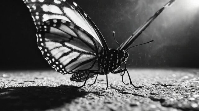 Monarch butterfly in monochrome resting with wings open on pavement surface close up with spotlight shining