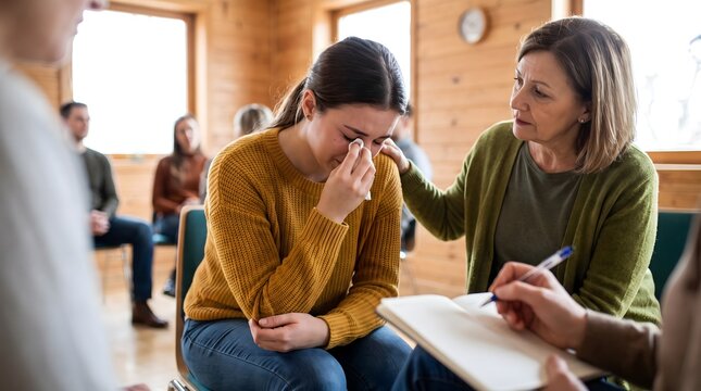 Young woman crying during a therapy session while receiving kindness and support from an empathetic counselor and group members in a warm wooden room