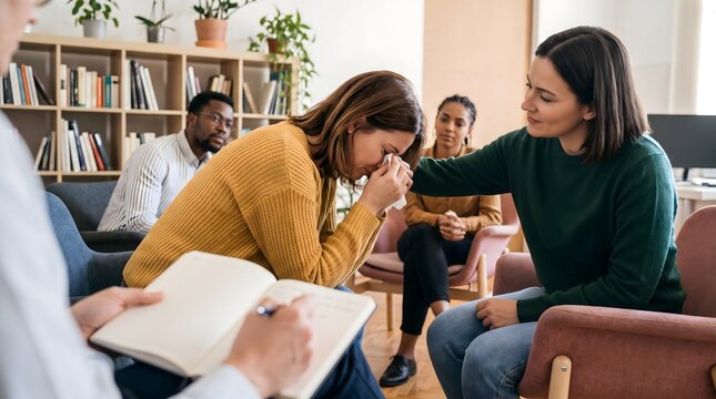 Compassionate Support Group Session Showing Empathy and Kindness While Comforting a Crying Woman During Mental Health Therapy