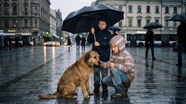 A young boy showing kindness by sharing his umbrella with a golden dog and a friend on a rainy day in a cobblestone city square