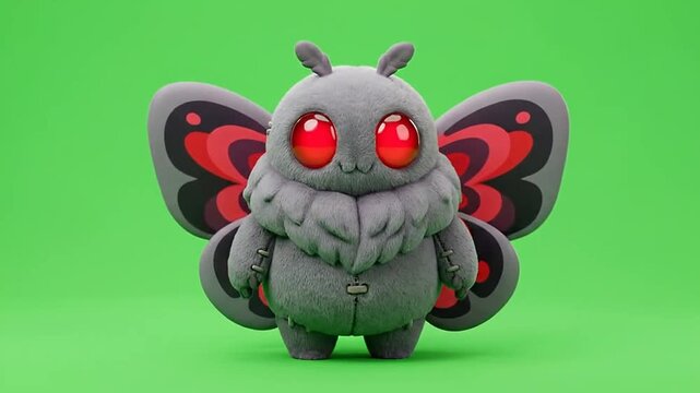 Cute fluffy moth creature with glowing red eyes on green background
