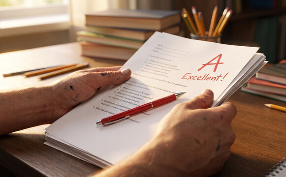 Elderly man holding a graded exam paper with an A plus and excellent mark in a classroom study room