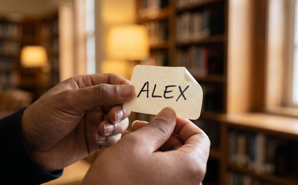 Hands holding paper note with the name Alex written on it inside a library setting