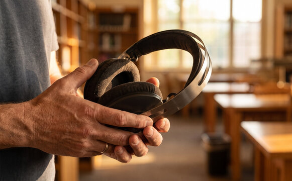 Man holding modern over-ear headphones in a library interior, concept of listening to music and studying