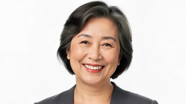Portrait of a smiling Asian businesswoman with short black hair, wearing a dark suit, conveying confidence and professionalism.
