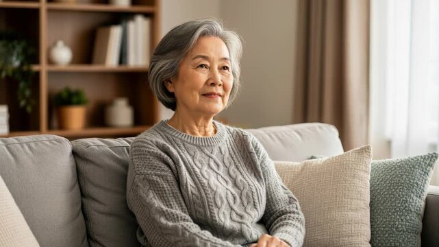 Serene Elder: A dignified elderly Asian woman with a gentle smile sits comfortably on a sofa, her silver hair neatly styled, exuding an aura of peace and contentment.
