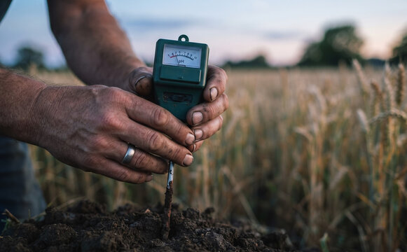 Farmer measuring soil pH with a digital tester in an agricultural wheat field