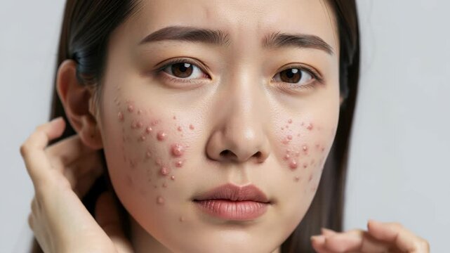 Acne Problem on Young Woman's Face: A close-up portrait of a young Asian woman experiencing skin issues, with numerous pimples and blemishes on her cheeks and forehead, causing her visible distress.