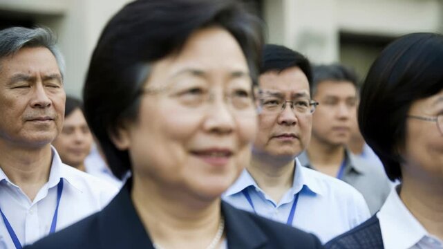 A Woman of Influence: A poised woman of East Asian descent, with a gentle smile, leads a group of professionals in a focused and determined manner.