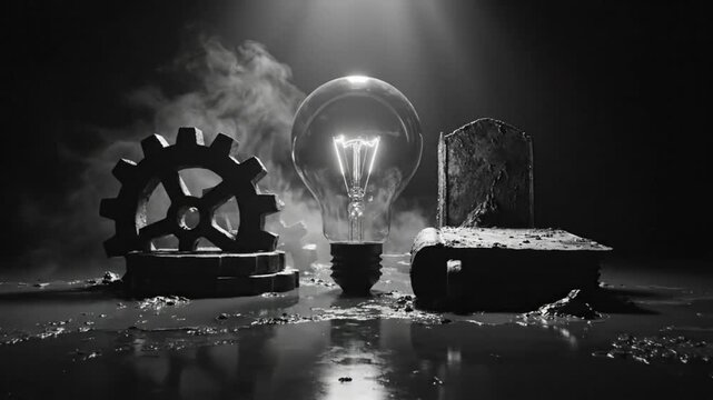 Black and white still life with a lit incandescent lightbulb, gear, and book with misty background