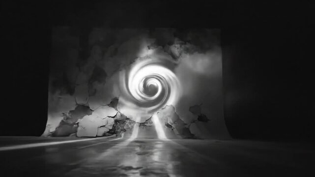 Surreal grayscale scene with swirling portal of light emerging from cracked wall, creating dramatic shadows