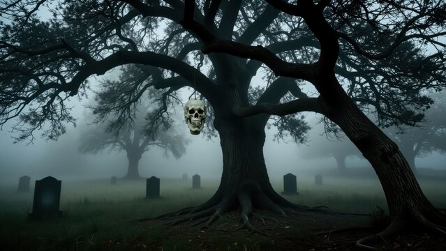 Haunted Forest Cemetery Scene with Large Gnarled Tree and Skull Decoration, Dark Mysterious Atmosphere, Horror and Halloween Theme