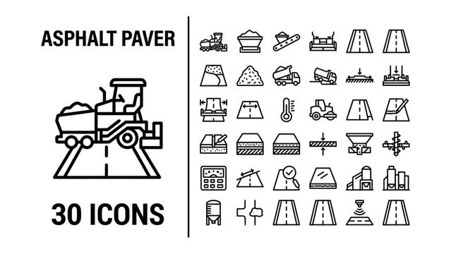 Asphalt Paver Icons: A collection of 30 line icons representing various aspects of asphalt paving and road construction, including pavers, trucks, and road sections.
