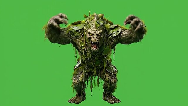 Swamp monster creature with moss and vines roaring on green screen