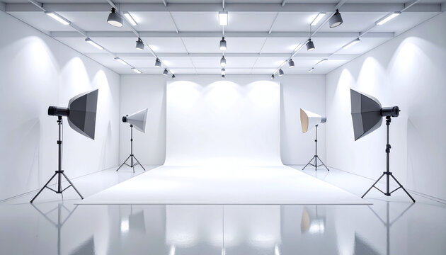 A pristine, empty professional photo studio with a white backdrop and softbox lights, evoking endless creative possibilities. Nobody is present in this clean, bright space.