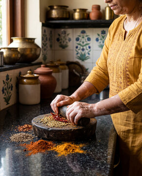 Indian woman with vitiligo grinding red chili, coriander seeds and cumin by hand on a traditional stone sil batta in a warm, rustic home kitchen