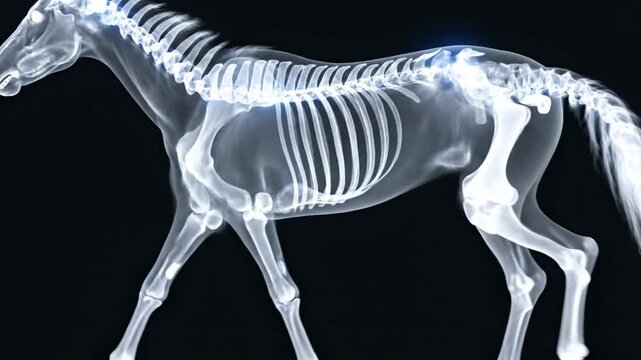 A glowing digital skeleton of a horse stands on black background