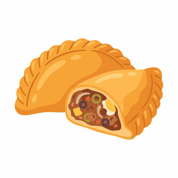 A golden baked empanada with visible crimped edges and savory filling, presented in a warm and appetizing flat illustration.