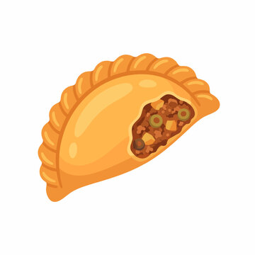 A golden baked empanada with visible crimped edges and savory filling, presented in a warm and appetizing flat illustration.