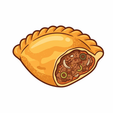 A golden baked empanada with visible crimped edges and savory filling, presented in a warm and appetizing flat illustration.