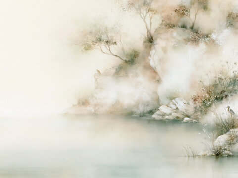 Soft foggy mountain lake surrounded by bare trees and white rocks in serene Asian-inspired watercolor painting