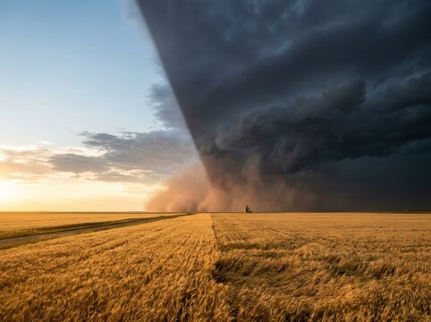 Supercell Storm Over Wheat Field at Sunset