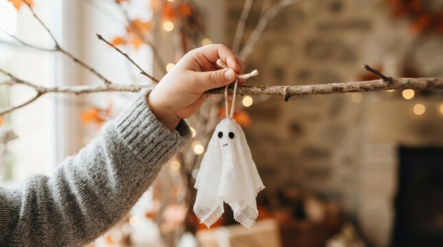 Child holding a handmade cute ghost ornament on a twig branch for Halloween decor