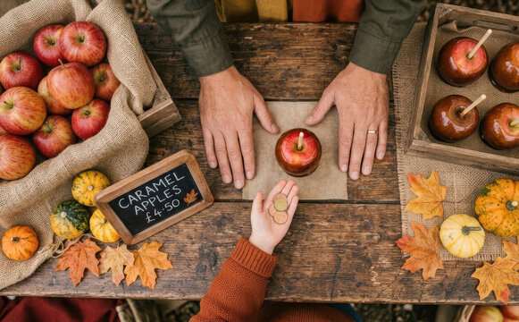 Autumn caramel apple stand transaction with child buying candy fruit at outdoor market stall